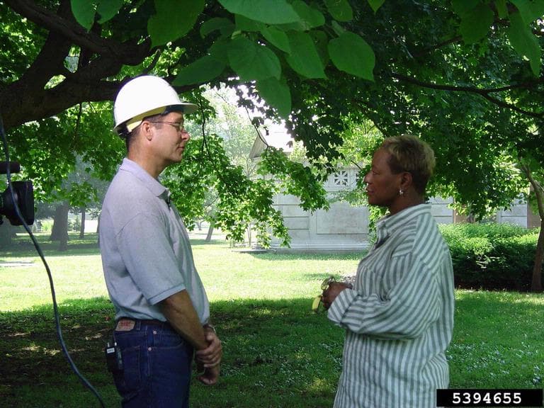 Two people talking. One is wearing a hard hat