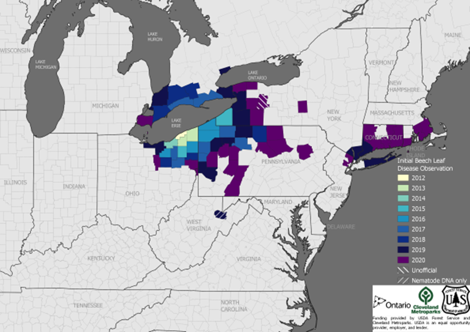 Most recent map (December 2020) of the spread of beech leaf disease over time broken down by county.