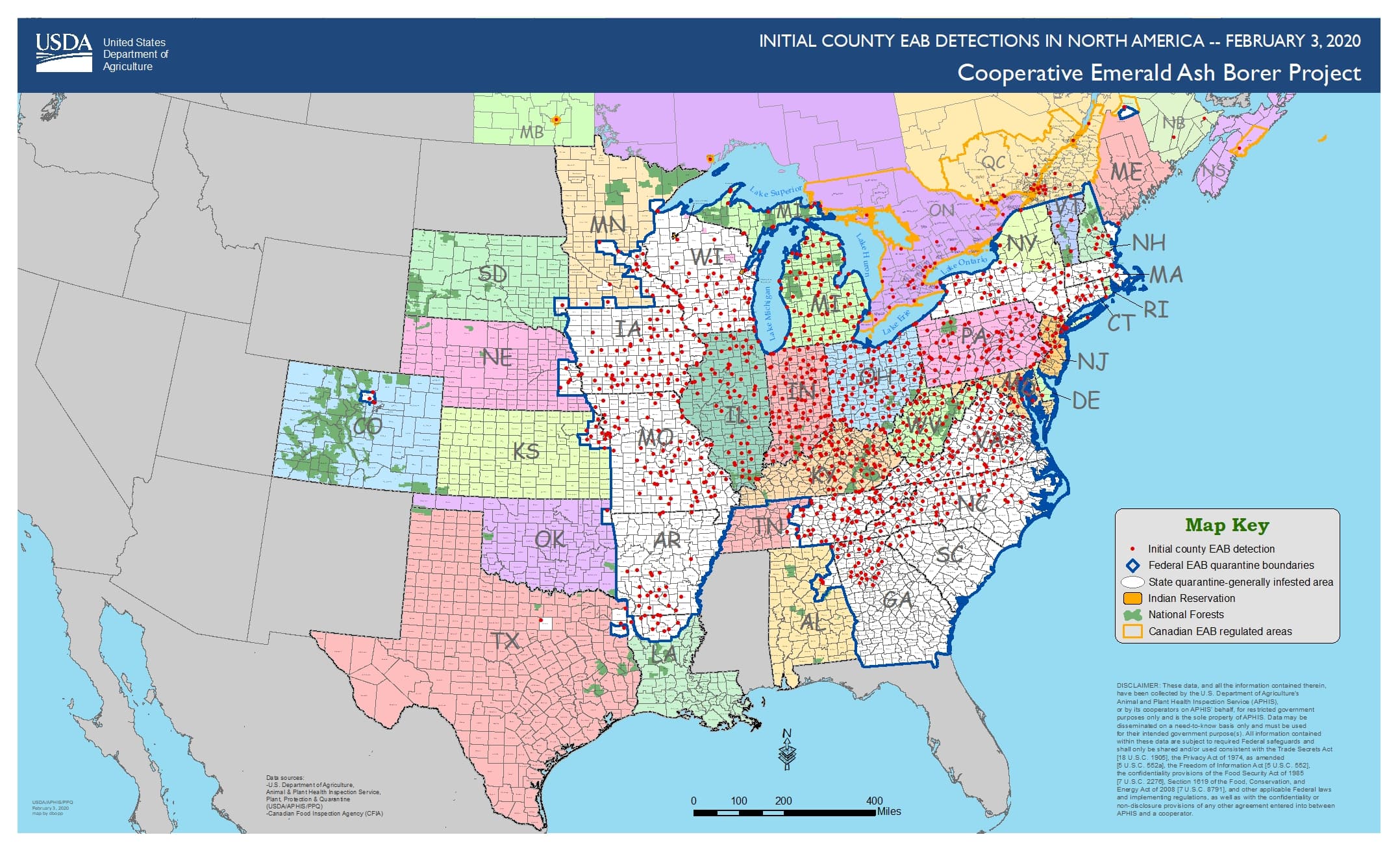 A map of initial county EAB detections in North America as of February 3, 2020. It is most highly concentrated in the eastern United States.A map of initial county EAB detections in North America as of February 3, 2020. It is most highly concentrated in the eastern United States.